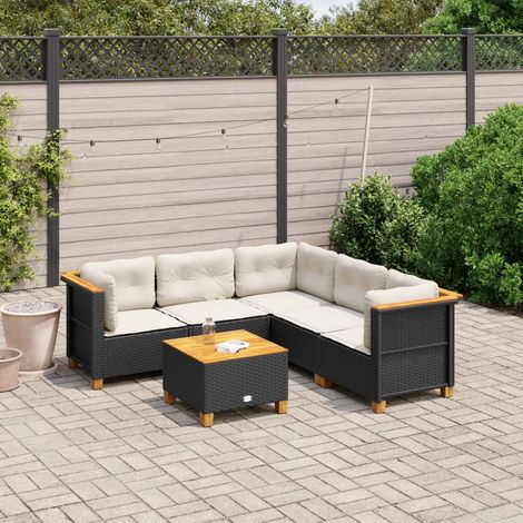 Set de sofás de jardín 6 piezas y cojines ratán sintético negro