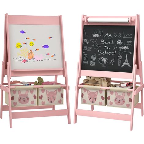 Tableau chevalet enfant ardoise double face tableau à craie rouleau papier 2 paniers 54 x 46,5 x 93 cm rose (1/5)