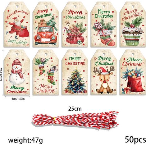 Etiquettes De Noël - 50 Etiquettes En Carton Avec Cordon En Jute - Pour Décoration D'Arbre Et Cadeaux - Lot Complet (1/5)