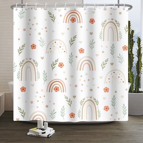 Rideau de Douche Bohème Arc-en-Ciel Abstrait Rideau de Salle de Bain Simplicité Moderne Dessin animé Herbe Verte Fleurs Motif Mignon Rideau de Douche Lavable en Machine 150x200cm (1/5)