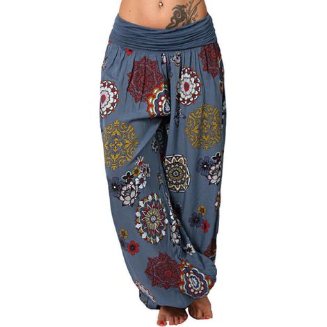 Pantalon large femme Baggy Harem Boho Aladdin Yoga Sport, Bleu, 3XL, Taille Haute, Jambes Évasées, Tissu Doux, Athlétique, Confortable, Style Hippie Chic (1/3)