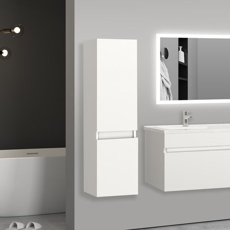 Aica Sanitaire – Meuble colonne salle de bain suspendu 30x30x110cm – MDF blanc – 2 portes avec fermeture silencieuse – Montage facile