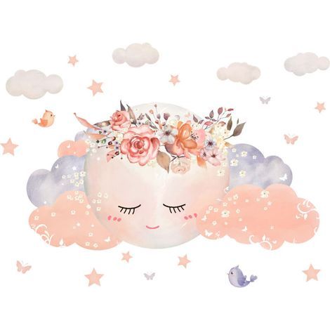 Wandtattoos für Mädchenzimmer, 60 x 30 cm, Rosa, Wolken- und Mondmotiv, Sterne und Blumen, Wanddekorationsgeschenk (1/5)