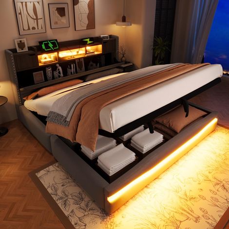 Lit rembourré, 180 x 200 cm, avec prise de chargement USB-C, éclairage d'ambiance sous le lit, tête de lit avec compartiment de rangement, lit coffre hydraulique, sans matelas, avec éclairage LED
