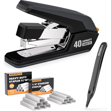 Agrafeuse de Bureau Lourd Sans Effort, Capacité 40 Feuilles, Agrafage à 1 Doigt, Ergonomique et Facile à Charger, Comprend 2000 Agrafes et un Dissolvant D'agrafes Magnétique, Noir (1/5)