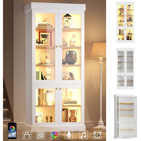 Vitrine haute 80 x 40 x 180 cm - MDF blanc et verre - LED multicolore, étagères, système anti-basculement (1/5)