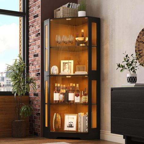 Vitrine de 165 cm de haut avec éclairage LED, meuble d'angle en verre de sécurité à 4 niveaux, meuble à vin moderne pour figurines, objets de collection et bouteilles de vin, pour cuisine et salle à m (1/4)