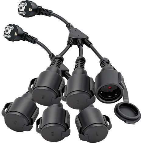 Lot de 2 multiprises d'extérieur à 2 prises avec rallonge - Multiprise pour jardin, balcon, terrasse, cuisine - Robuste - Pour pompe de piscine, éclairage, machine à laver (1/5)