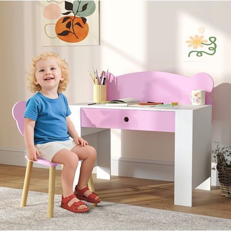 Escritorio infantil con silla, cajón y respaldo en forma de oso, rosa y blanco HAVRYA (1/5)