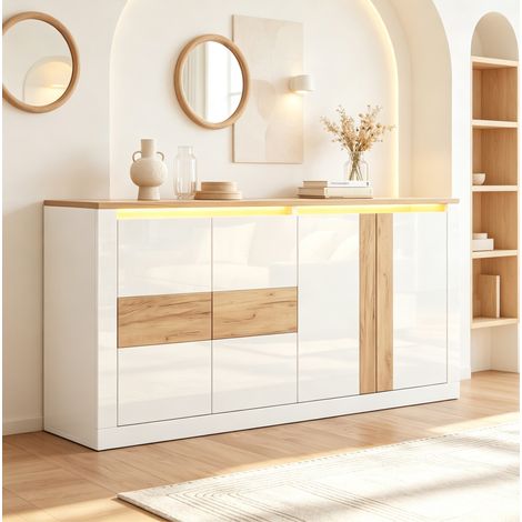 Aparador 140x35x70 cm con 4 puertas y LED RGB, almacenamiento, MDF lacado blanco y acabado roble para salón (1/5)