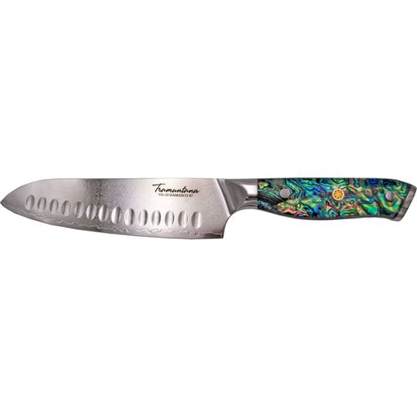 Coltello de cucina Tramuntana modello CD11 lama Santoku de acciaio de damasco VG10 de 67 strati de 17,9 cm, manico de Abalone con epossidica, con scatola de presentazione. Articolo dedede importato.
