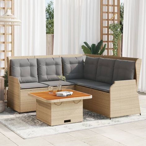 Ensemble salon de jardin en résine tressée beige avec table en acacia et 5 coussins gris, 4 places (1/5)