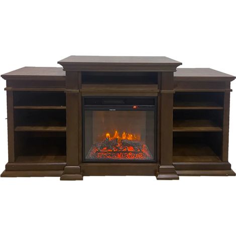 Camino Elettrico 1800W con Mobile Ripiani da Pavimento in Legno Noce