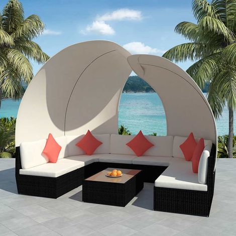 vidaXL Salon de jardin 9 pcs avec auvents Résine tressée Noir (1/5)
