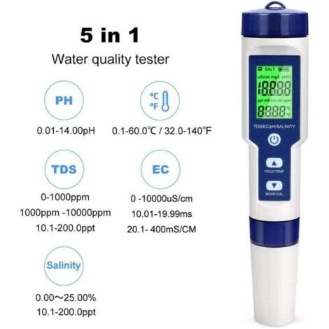 Ph-mètre Testeur PH Electronique, Testeur Eau Piscine 5 en 1 avec Rétro-éclairage, PH/TDS/EC/Salinité/TempmèTre avec ATC, PH Metre Haute Précision de Résolution 0.01, pour Eau Potable, Aquarium, Spas