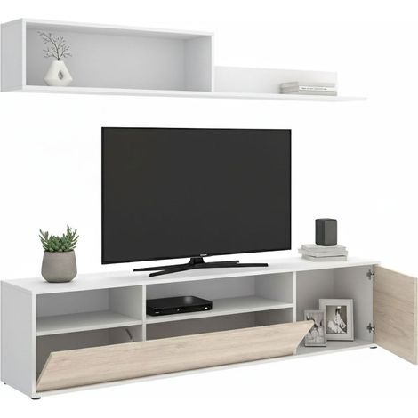 Dmora - Wohnzimmermöbel Jelawat, Modulares Wohnzimmerset, Mehrzweck-Wohnzimmermöbel, Moderner TV-Schrank, 180x35 h44 cm, Weiß und Eiche