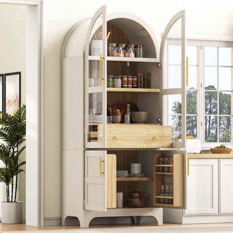 Aparador alto con estantes y cajón ajustables, mueble de cocina con cristal estriado y gran capacidad de almacenamiento, ideal para comedor, salón y cocina (blanco). (1/5)