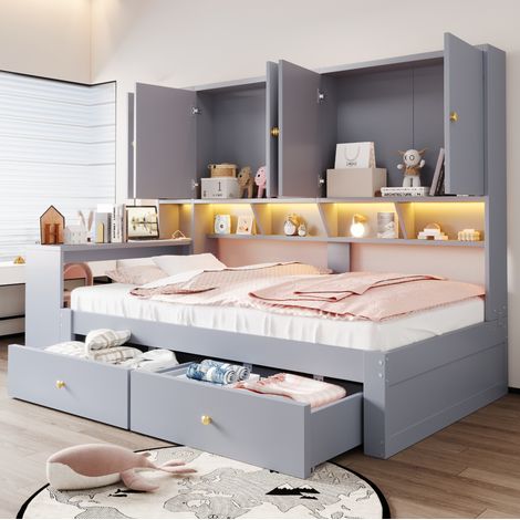 Letto multifunzionale 235x95x160 cm, con scrivania integrata, armadi, cassetti, LED, MDF grigio (1/5)