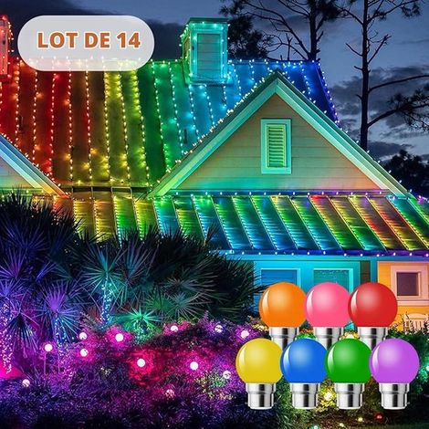 Lot de 14 Ampoule LED Couleur B22 Baïonnette,Ampoule Guirlande Exterieure,Ampoules B22 LED 2W G45,Multi Colore,Rouge Jaune Bleu Vert Orange Rose Violet,Chaîne,Veilleuse (1/3)