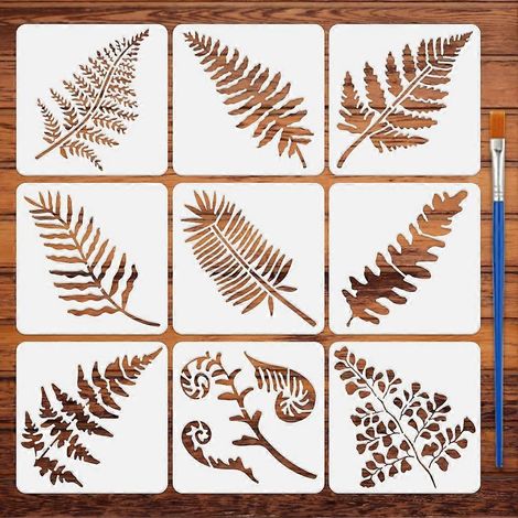 Pochoirs de peinture à motifs de feuilles de fougère (9 pièces) avec pinceau, 15 x 15 cm, différents modèles de feuilles de fougère, gabarits de dessin pour décoration DIY (1/5)