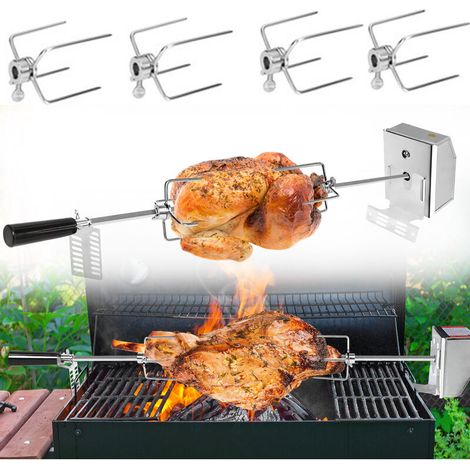 Set de brochettes pour barbecue avec moteur électrique 4W tournebroche 107 cm kit rotisserie grill 4 aiguilles en acier inoxydable accessoires cuisson viande poisson compatible