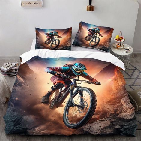 Bettwäsche 200x200cm 3D-Druck Fahrrad-Motiv 3-teilig Mikrofaser-Set