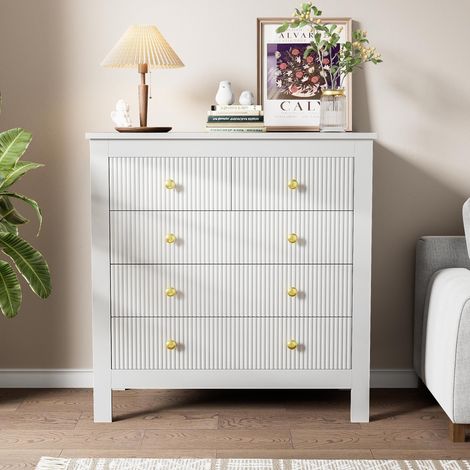 Kommode 79 cm, rechteckig, mit 5 Schubladen, goldfarbenen Metallgriffen, Holzbeinen, Country-Wohnzimmermöbel – Weiß
