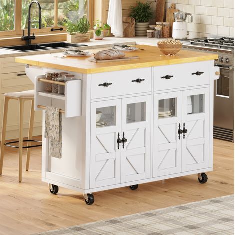 Mueble de cocina móvil multifunción con ruedas y frenos, 140 x 73 x 93,5 cm, blanco OKMYHOME (1/5)