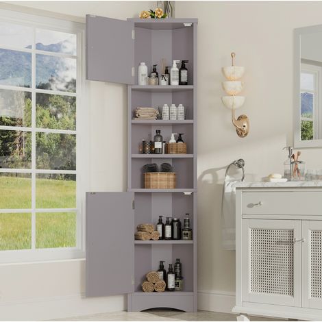 Badschrank Ecke modern aus MDF Grau 37 x 24,5 x 170 cm mit 2 Türen, 3 offenen Fächern und verstellbaren Einlegeböden (1/5)