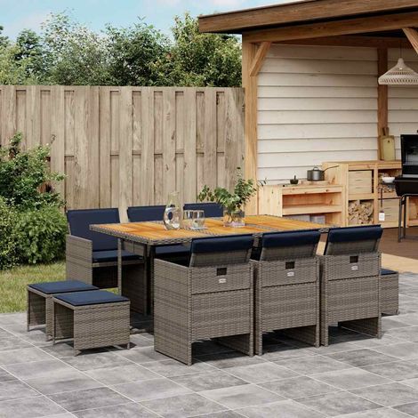 vidaXL Conjunto de comedor de jardín de 11 piezas con cojines, poliratán gris (1/5)