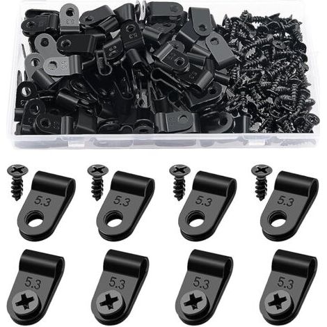 Pair 100 Pièces 5.3mm (3/16 Pouce) R-Type Attache de Câble Pince de Fil, R-Type Nylon Plastique Câbles Clips avec 100 Pièces des Vis, pour la Gestion des Fils (Noir) (1/5)