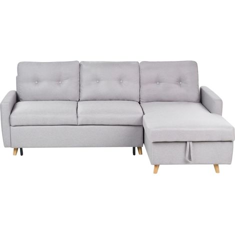 Corner Sofa Bed 4 Seater FLAKK Fabric Light Grey with Storage Left Hand