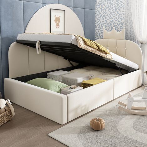 Lit de jour 90/200 cm beige en velours avec coffre hydraulique et dossier couronne (1/5)