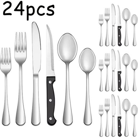 Ensemble de couverts en acier inoxydable argenté (24 pièces) comprenant un couteau, une fourchette, une cuillère, une cuillère à café, une fourchette à thé et un couteau à steak. (1/5)