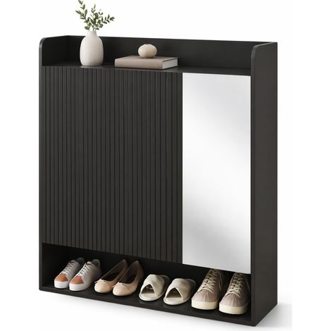 CHICFURN Meuble à chaussures avec miroir en pied, façade structurée noire, rangement à plusieurs niveaux, portes anti-poussière, idéal pour entrée et petit espace (1/5)
