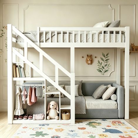 Lit mezzanine 140x200 en Bois Massif Blanc, Escalier avec placard de rangement, Barrières de Sécurité, Gain de Place