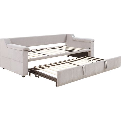 Cama nido capitoné 90/180x190 cm beige de terciopelo con Bluetooth, USB y almacenaje (1/5)