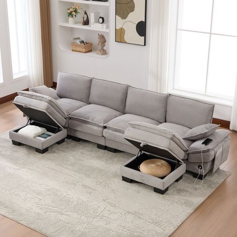 Canapé modulaire 4 places en velours côtelé gris clair, 2 poufs, USB-C et poches latérales (1/5)