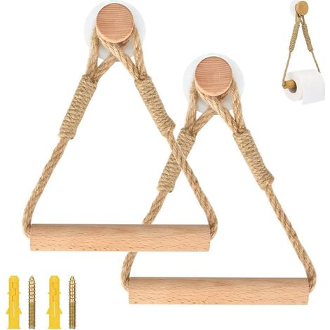 2 Pièces Support Papier Toilette, Bois Et Corde, Adhésif Sans Perçage, 60cm, Pour Salle De Bain (1/5)