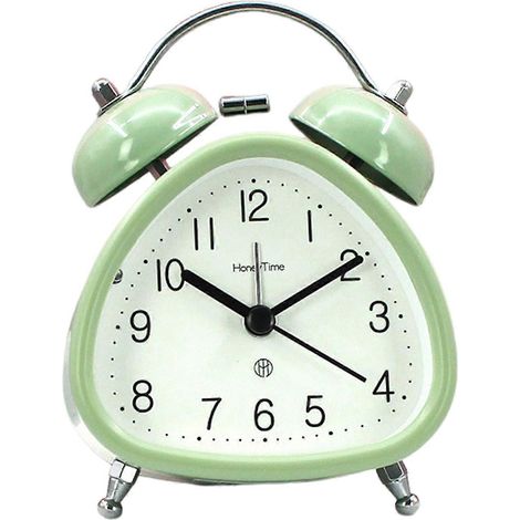 Ce réveil puissant, doté d'une cloche en métal, est idéal pour les adultes au sommeil profond. Il fonctionne sur piles, possède une veilleuse et est de couleur vert clair. (1/5)