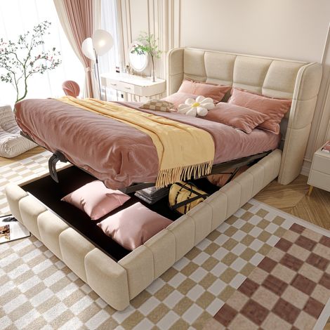 Lit coffre 90x200 cm beige avec rangement, tissu lin et métal, sans matelas MEUBLIV (1/5)