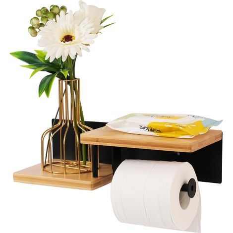 Porte-rouleau de papier toilette en bois avec tablette pour téléphone, fixation murale et fixation adhésive Porte-rouleau de papier toilette en bois avec rangement pour lingettes (1/5)