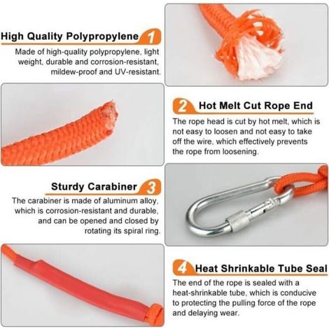 Corde tressée en polypropylène - MHY® - 20M - Mousqueton inclus - Protection UV - Anti-moisissure - Anti-corrosion (1/4)