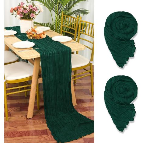 Lot de 2 chemins de table en gaze vert foncé, 55x300 cm, pour mariage et décoration. (1/5)