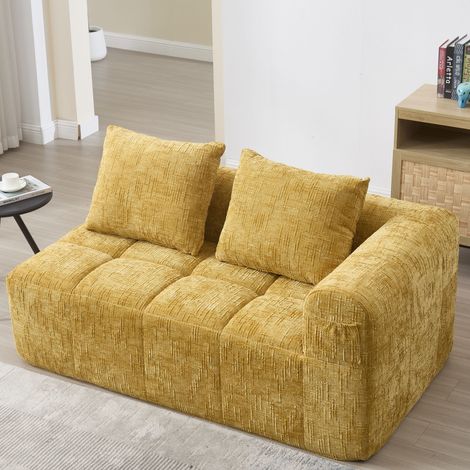 2-Sitzer-Sofa, weicher Chenille-Stoff mit Kissen, Sofa mit Seitentaschen, modulares Sofa, modernes Design, Gelb