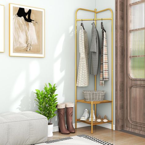 GOPLUS Porte Manteau d'Angle en Métal 194 CM, Porte Manteau sur Pieds avec Cintre Supérieur, 2 Étagères en Treillis et Kit Anti-Basculement, Charge 70 KG, pour Chambre, Couloir, Entrée (Doré) (1/5)