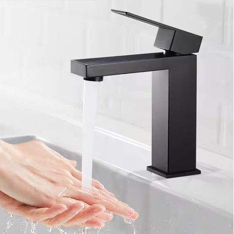 Robinet lavabo noir mat – Mitigeur salle de bain en laiton, mono-levier, installation facile, design chic (1/5)
