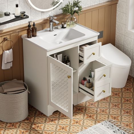 Meuble vasque 80 cm avec tabouret intégre, vasque en céramique, tiroirs et éclairage LED, en MDF, blanc (1/5)