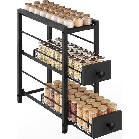 Étagère à Épices à 3 Niveaux, Organisateur Étroit pour Plan de Travail de Cuisine avec 2 Tiroirs, Rangement Café avec Tiroirs Coulissants, pour Capsules de Café, XSR02BB (1/5)