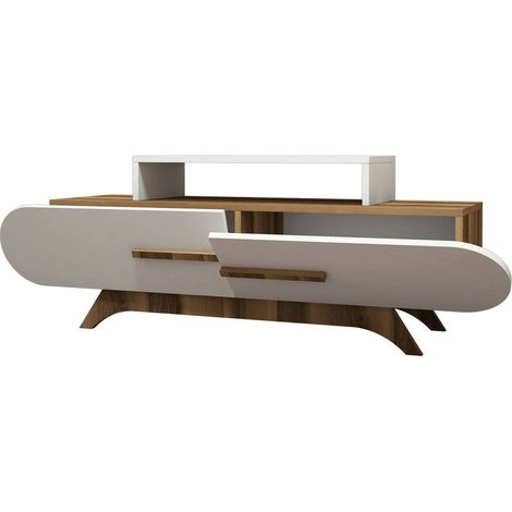 Dmora - Mobile porta TV Baghdad, Credenza da soggiorno, Armadio basso per TV, Base parete attrezzata, 145x37h50 cm, Noce e Bianco (1/4)